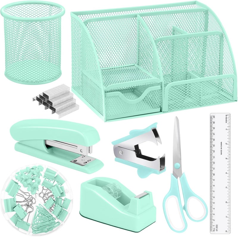 AuraRay Green Desk Organizers and Accessories, Teal Office Supplies Set Green Mesh Desk Organizer, Stapler, Tape Dispenser, 1000 Staples, Staple Remover, Pen Holder, Clips Set, Ruler, Scissors - Image 1